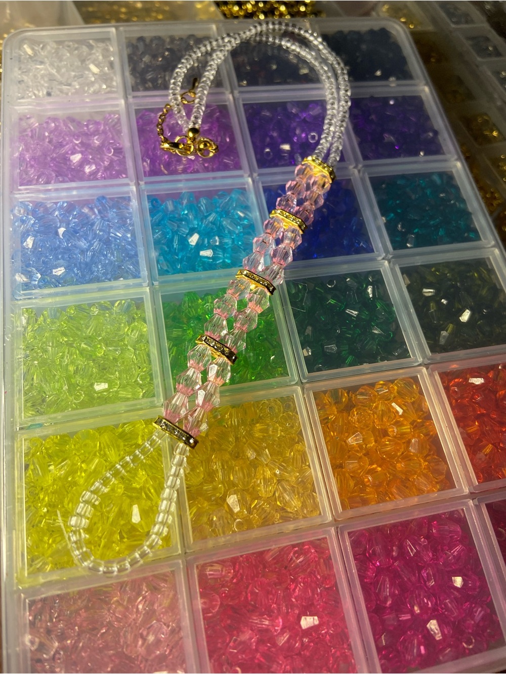 Crystal Pink Beaded Lariat Necklace -